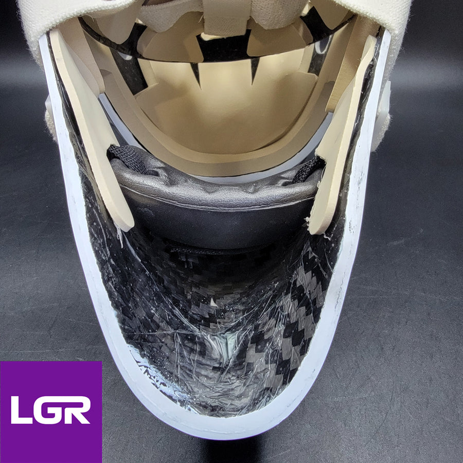 Closeup of the carbon fiber interior and padding of an LGR CUJ316 goalie mask