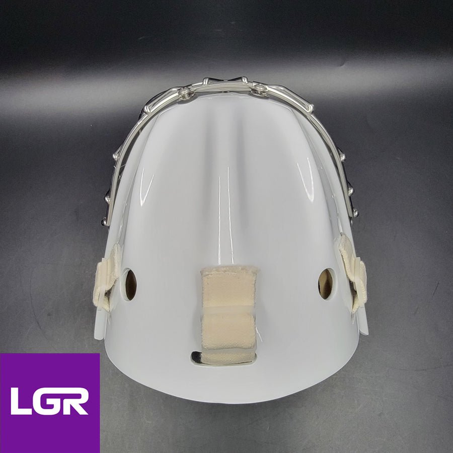 Closeup of the white LGR CUJ316 goalie mask shell