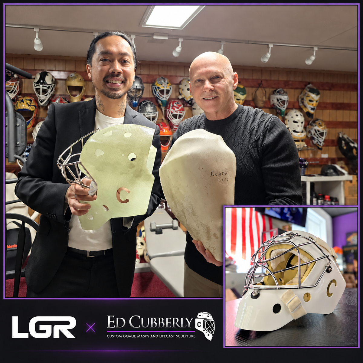 LGR and Ed Cubberly collaboration in Ed's workshop, with finished mask inset and both logos