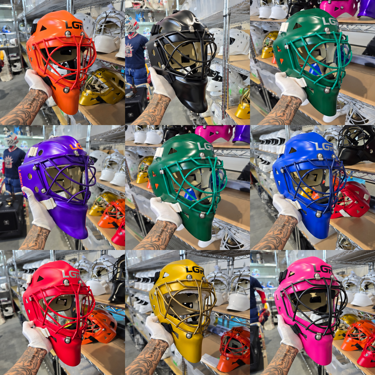 Nine LGR goalie masks in premium custom colors in the workshop